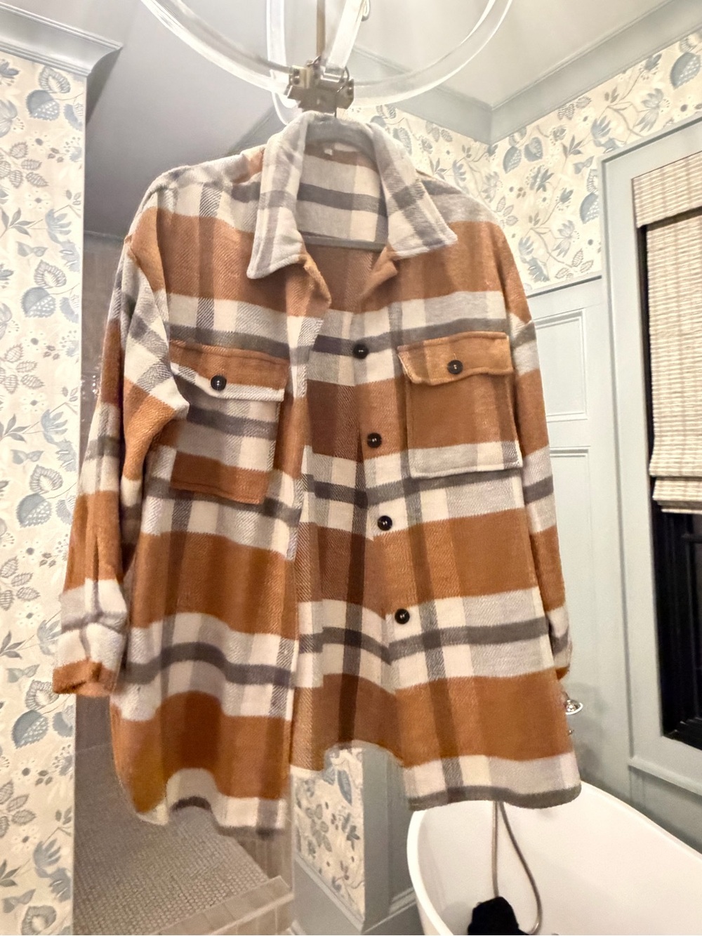 Cozy Plaid Shacket Jacket in Camel & Cream